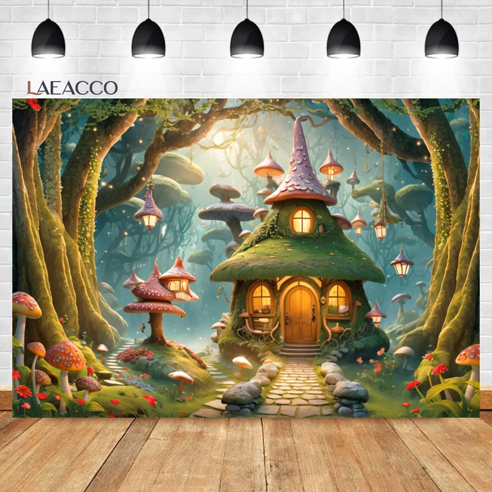 Laeacco Spring Enchanted Forest Backdrop Fairy Garden Tale Mushroom House Butterfly Kid Birthday Portrait Photography Background