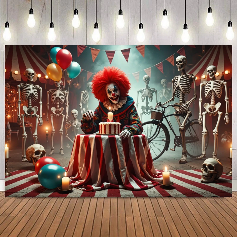 

Circus Carnival Scary Clown Halloween Photography Backdrop Horror Clown Skeleton Photoshoot Banner Background Decor