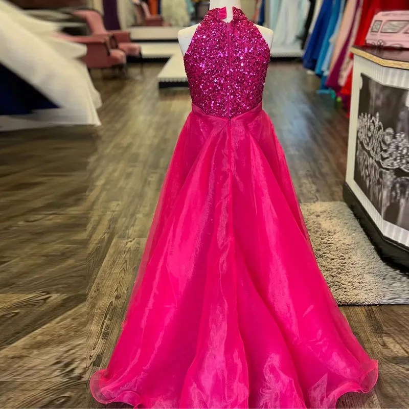 Fuchsia Jumpsuit Little Girls Prom Dresses Halter Sequin Kids Pageant Outfit with Detachable Train Child Birthday Wears 2023