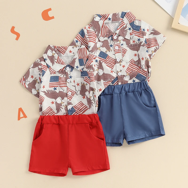 2024-03-11Lioraitiin Toddler Boy 4th of July Outfit Eagle Print Button Down Lapel Neck Short Sleeve Tops+Elastic Waist Short Set