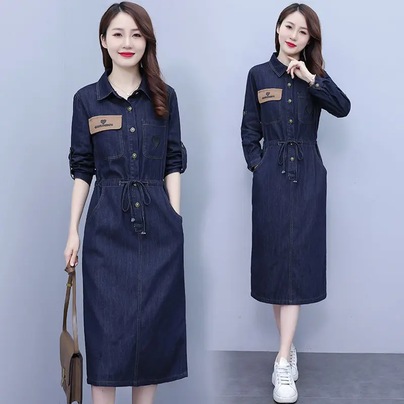 2024 Autumn Summer Women's Denim Dress Elegant Turn-down Collar Long Sleeve Single Breasted Party D Midi Dress