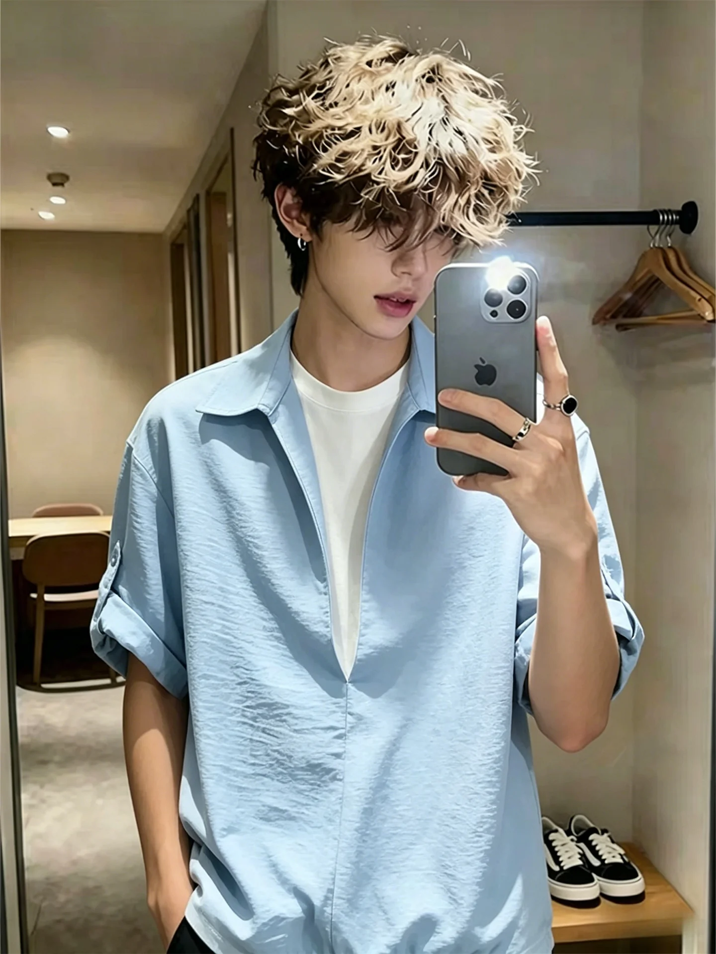 Ice Silk V-Neck Short Sleeve Shirt Men's Summer Style Casual Breathable Loose Fit Polyester Fiber CleanFit Youth Popular