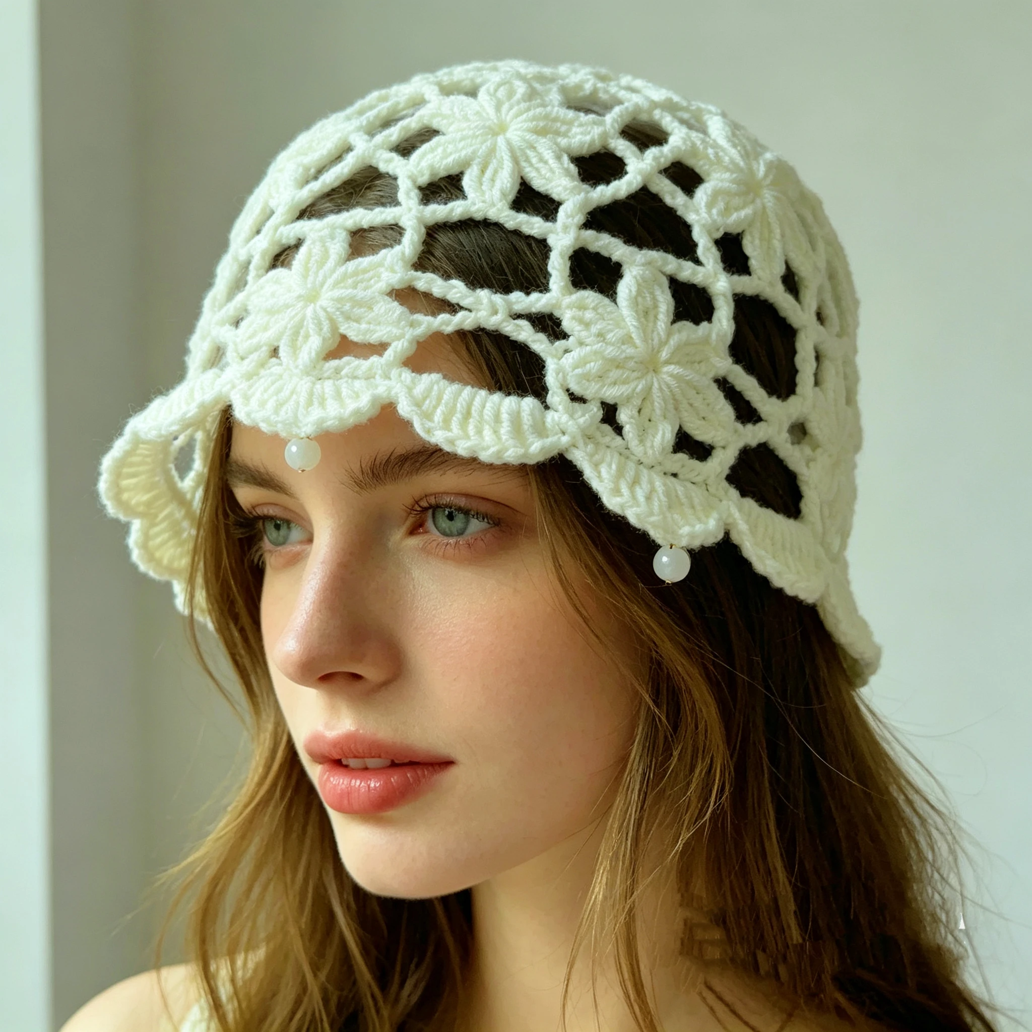 

Handmade Crochet Floral Hollow-Out Bohemian Style Cap Versatile Vintage Floral Pearl Tassel Thin Knitted Hat for Women for All Seasons