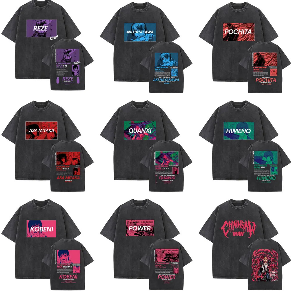 

Washed Vintage Anime Chainsaw Man Power Pochita Denji Makima Hayakawa Aki Graphic T Shirt Men Women Manga Fashion Casual T-shirt