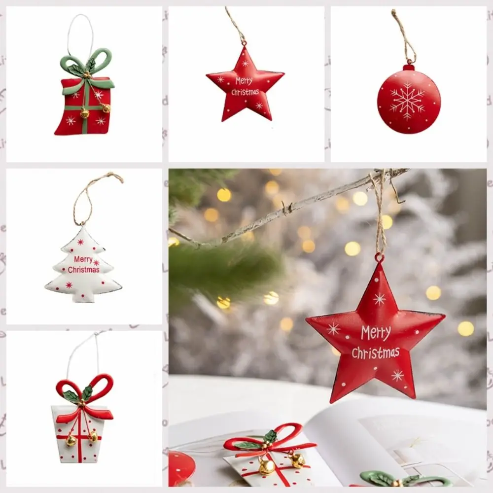 Nordic Style Christmas Five-pointed Star Pendant Iron Five-pointed Star/Gift Pack/Snowflake Xmas Tree Hanging Pendant White/Red