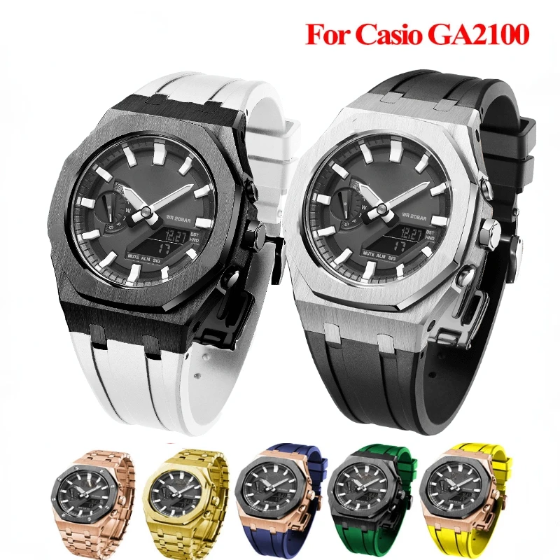 

Refit Glossy Case Metal Strap For Casioak GA2100 Gen5 Mod Kit Stainless Steel Cover Band G-Shock GA-B2100/2110 Fluorine Rubber