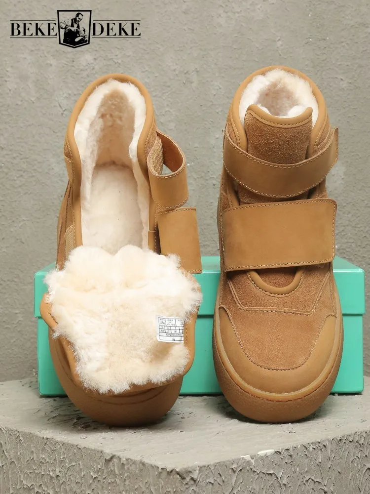 New Winter Warm Mens Cow Suede Snow Boots Hook Loop Thicken Wool Liner Casual High Top Shoes Comfortable Platform Short Boots