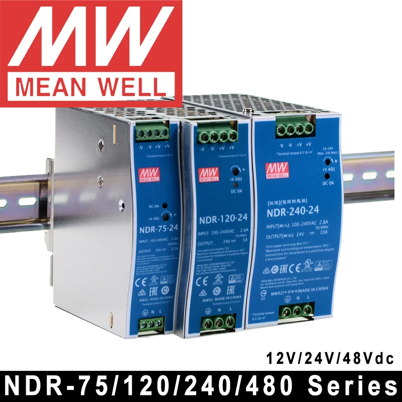 Oryginalny zasilacz Mean Well NDR-75/120/240/480 Meanwell 12V 24V 48VDC z pojedynczym wyjściem przemysłowy zasilacz na szynę DIN