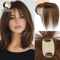 Adorno de cabello humano con flequillo para mujer, 5x9cm, reflejos naturales en negro y marrón, piel rubia, Clip para el cuero cabelludo, piezas de cabello humano