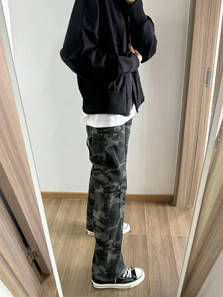 

Американские камуфляжные рабочие брюки, мужские осенние узкие широкие брюки, расклешенные микро-клеш, удлиняющие джинсы для ног, прямой крой