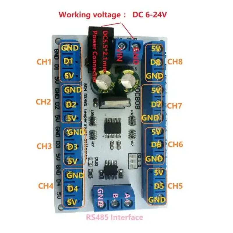 8-channel RS485 DS18B20 Sensor Board MODBUS RTU Paperless Recorder PLC R4DCB08