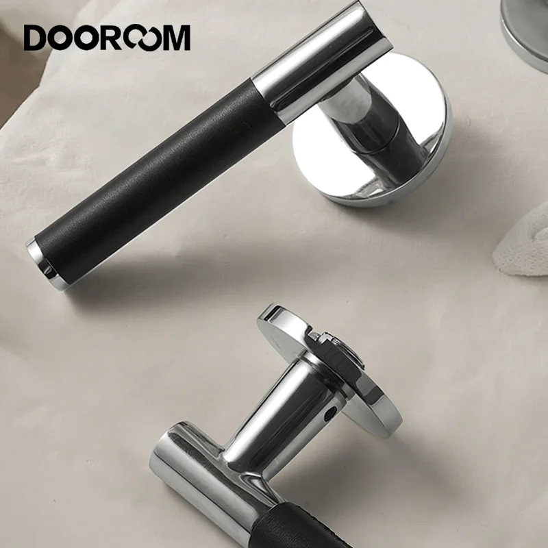 DOOROOM Brass Door Lock Black Leather Bright Silver Furniture Lock Handle Modern Hardware Furniture Door Handle Lock Set