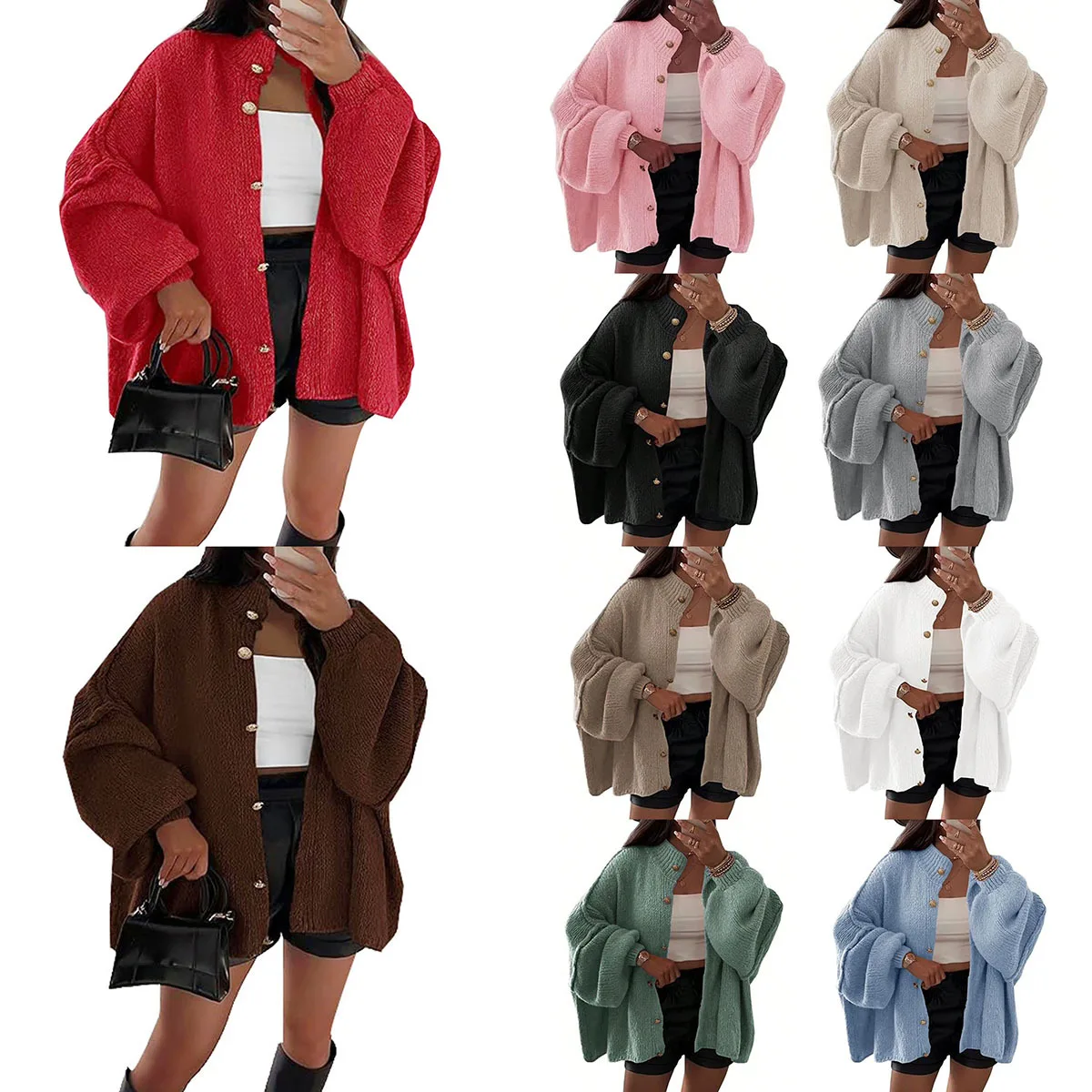 

Осенне-зимний однотонный кардиган на пуговицах в повседневном стиле, однотонный свитер с большими рукавами, куртка-кардиган в Европе и Америке