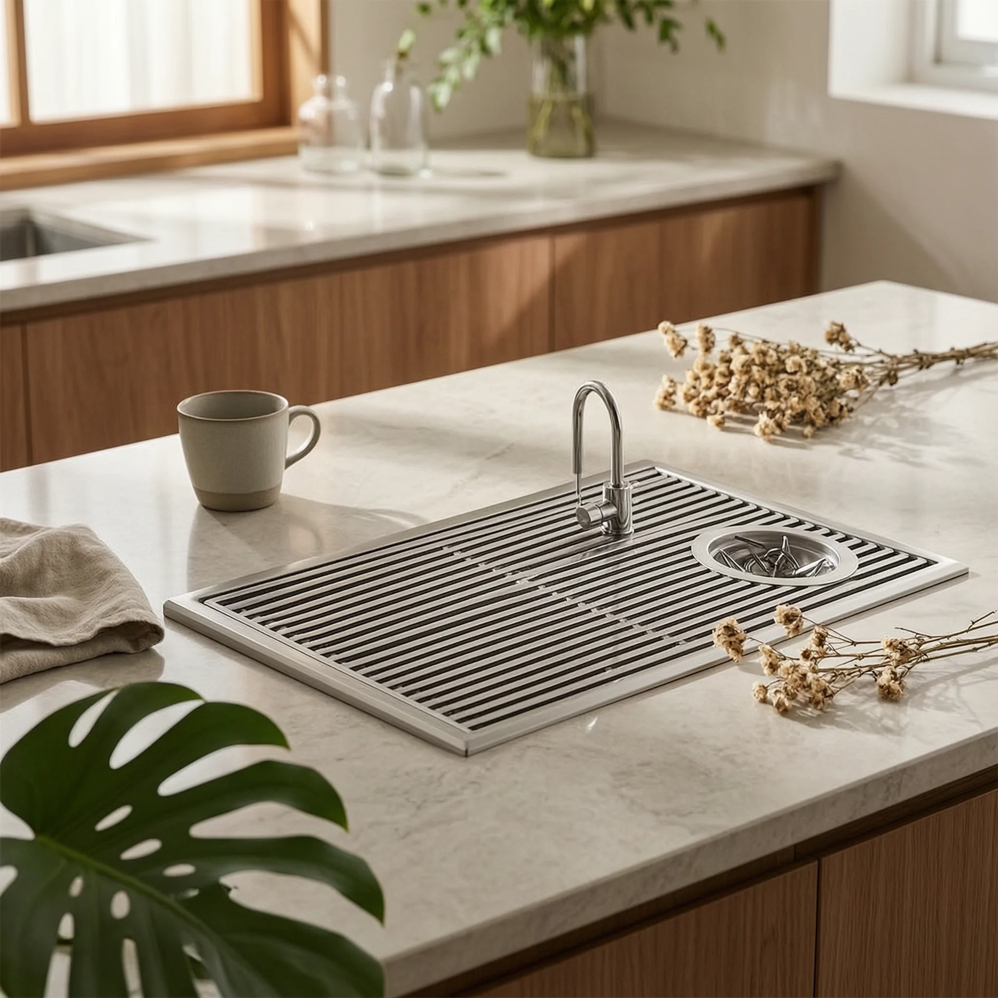 Inset Tea Tray with Faucet Opening Recessed Tea Brewing Tray with Drain Slatted for Baristas, Cafes, Home Lounges