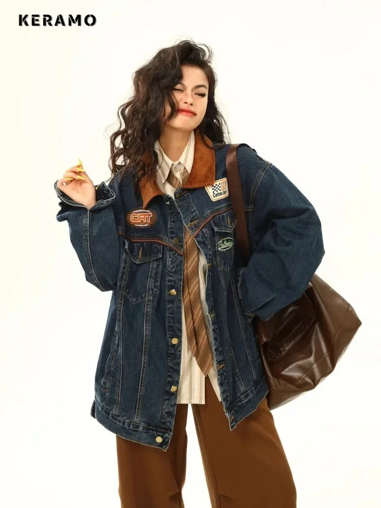 2024 Winter American Women Single Breasted Loose Y2K Appliques Coat Casual Turn Down Collar Baggy Patchwork Retro Denim Jacket