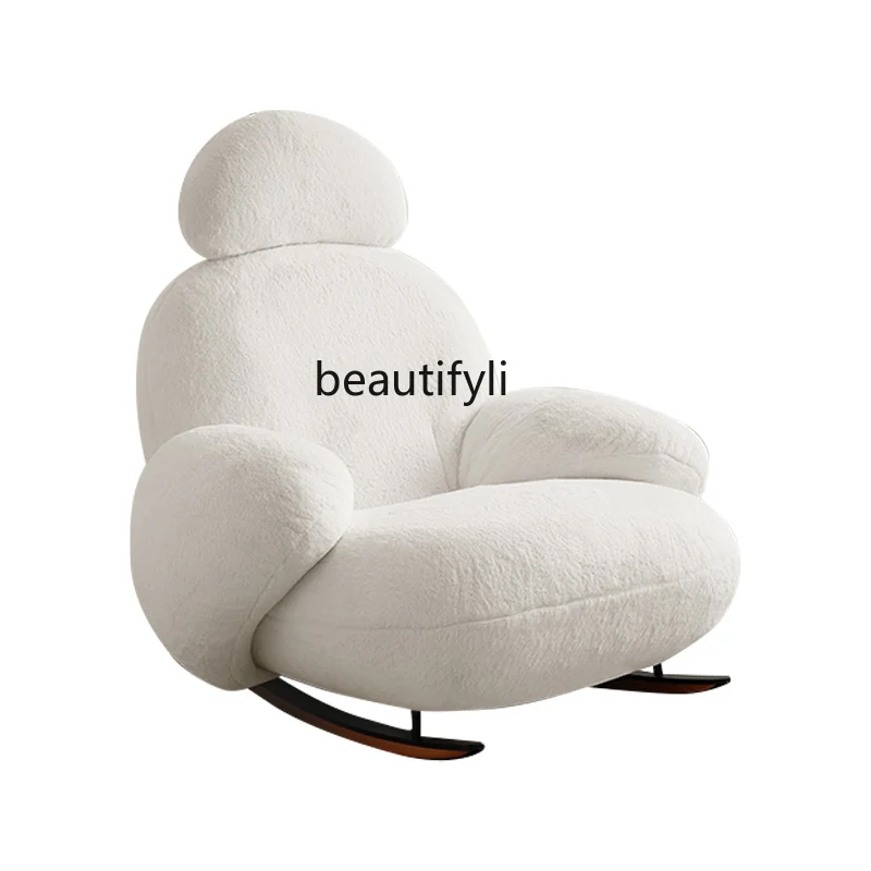 

Modern Minimalist Cream Style Living Room Rocking Chair Imitation Rabbit Fur Lazy Sofa Armchair Cute White Chair furniture