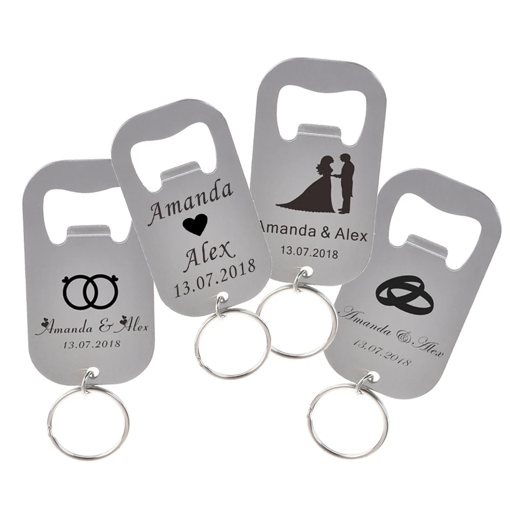 50Pcs Personalized Engraved Stainless Steel Beer Bottle Openers Keychains Keyrings Wedding Decor Party Gift Favor