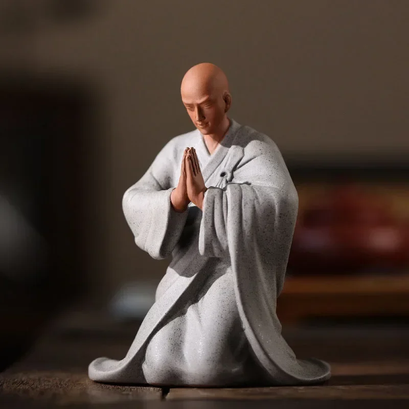 

Chinese Style Sand Kneel Pray Buddha Monk Zen Home Living Room Temple Tearoom Decoration, Fengshui Souvenir, Antique Peaceful