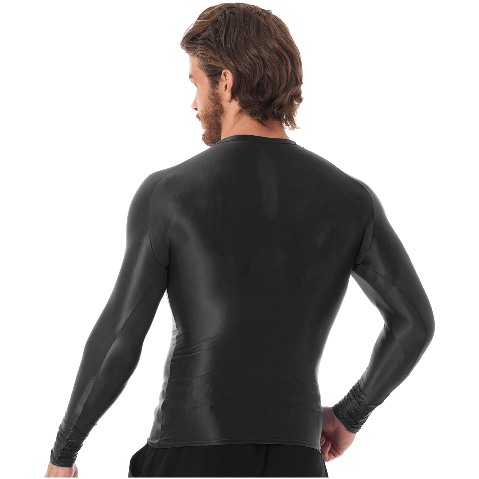 Mens Satin Silky Long Sleeve Shirt Gym Workout Running Compression Athletic Tee Shirt Fitness Bodybuilding Tops Undershirt