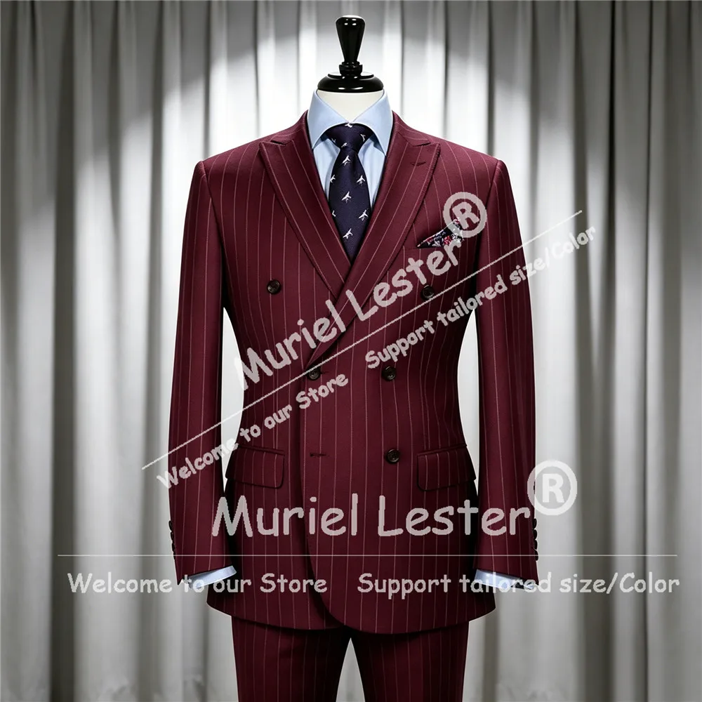 Stripes Suit Men 2 Pieces Sets Classic Double Breasted Jacket Pants Customized Man Business Party Tuxedos Slim Fit Male Outfits
