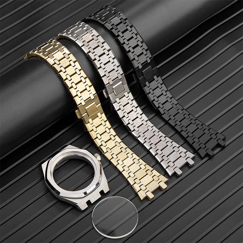 로얄 오크 GA-2100 베젤 단추 숨겨진 디자인 케이스, GA2100, 2110 수정 스테인레스 스틸 티타늄 합금 케이스 스트랩 세트 팔찌