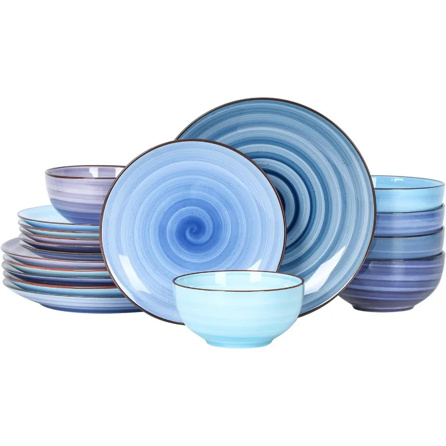 Ceramic Dinnerware Sets for 6 18 Pieces Plates and Bowls Set Scratch Resistant Dishes Set Handpainted Swirl with Spot Dishwashe