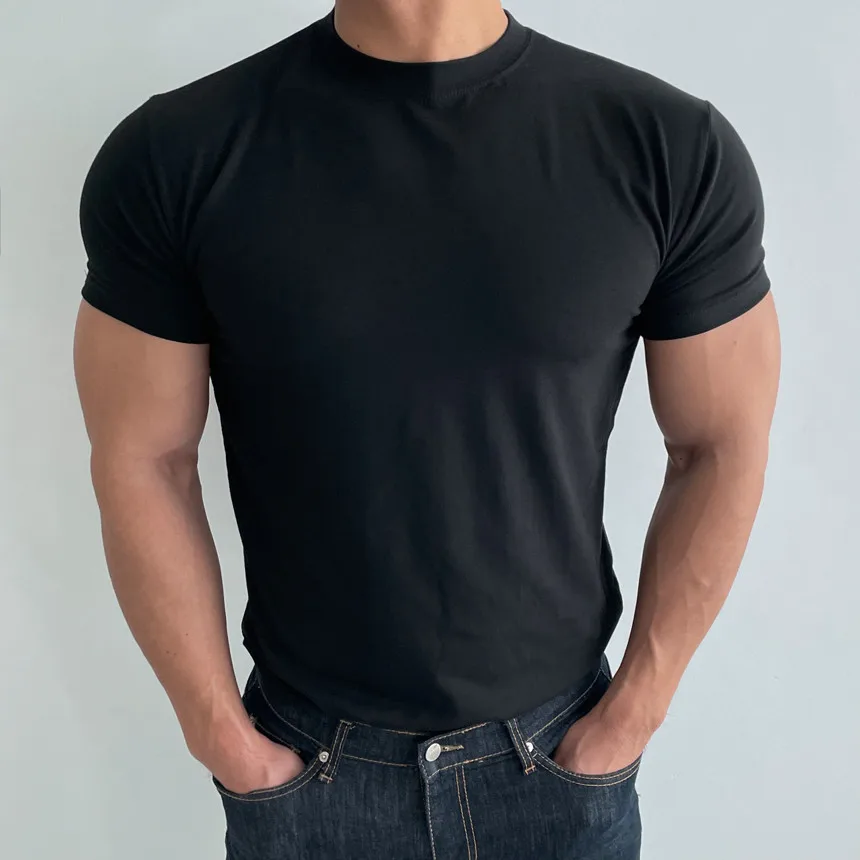 High quality men\'s short sleeve training T-shirt high elastic cotton breathable quick drying round neck solid color Tops