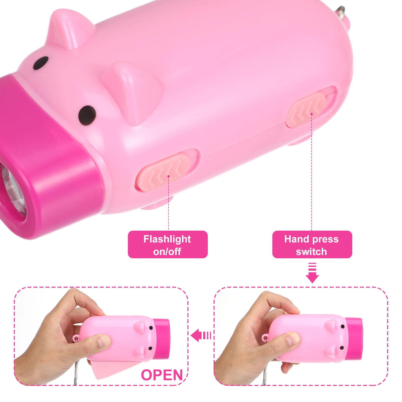 3pcs Cartoon Flashlight Pig Pattern Hand Pressing Small Portable Electric Torch Lightweight Wear Resistant For Outdoor Indoor