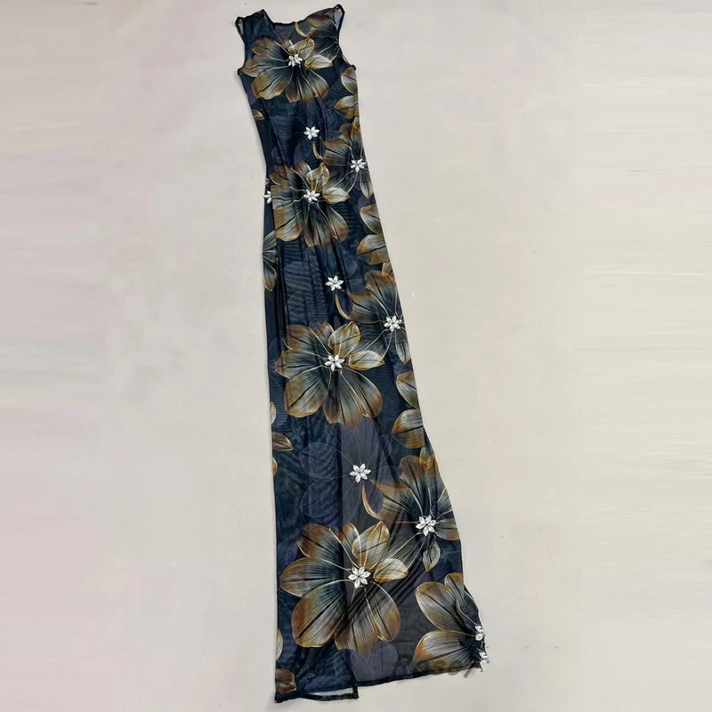 Sparkly Perspective Flower Printed Party Dress Women Celebrate Evening Outfit Bar Ds Dj Gogo Costume Stage Performance Wear 9242