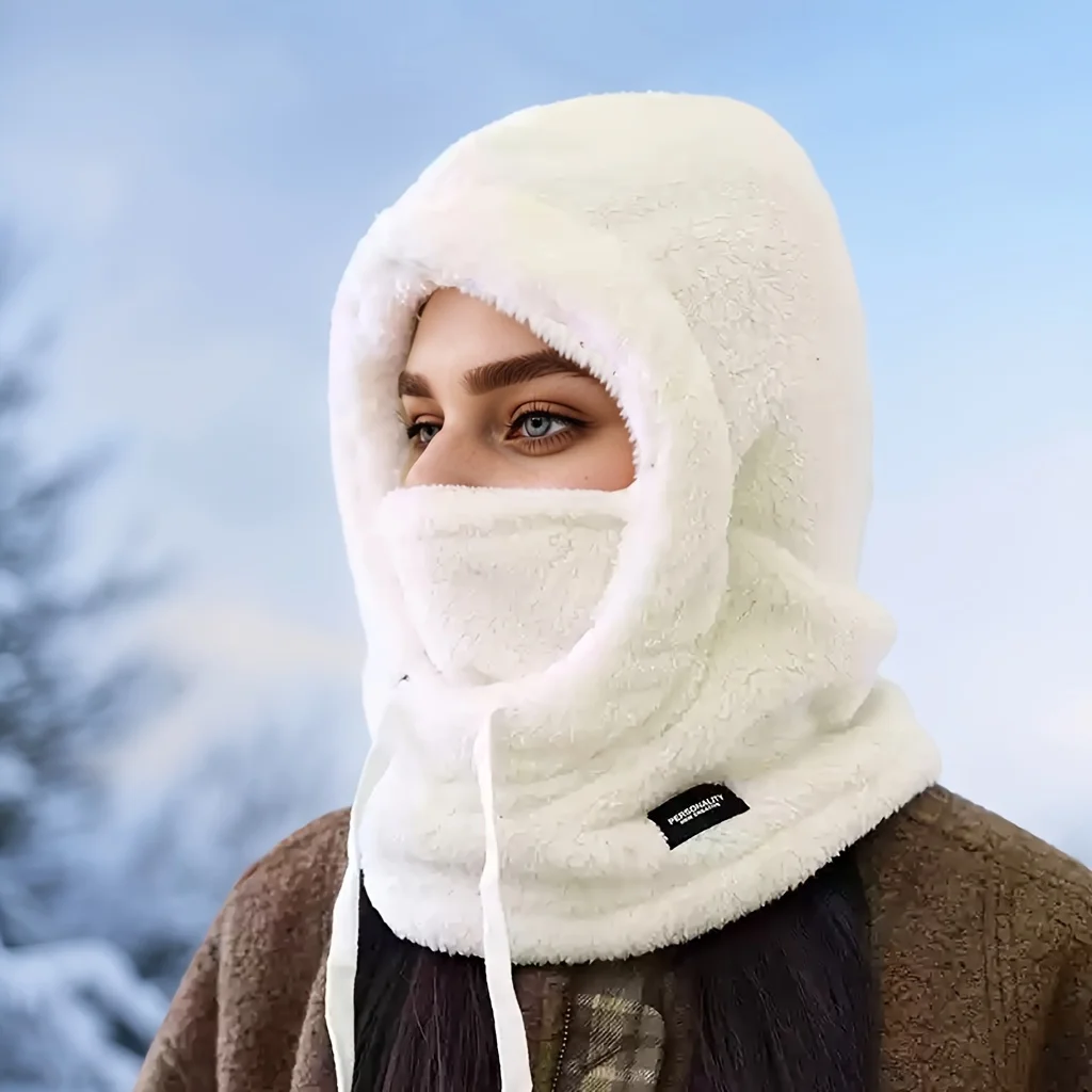 Women's Winter Cycling Warm and Plush Thick Face Mask with Integrated Scarf Hat, Windproof and Cold Proof Pullover Hat