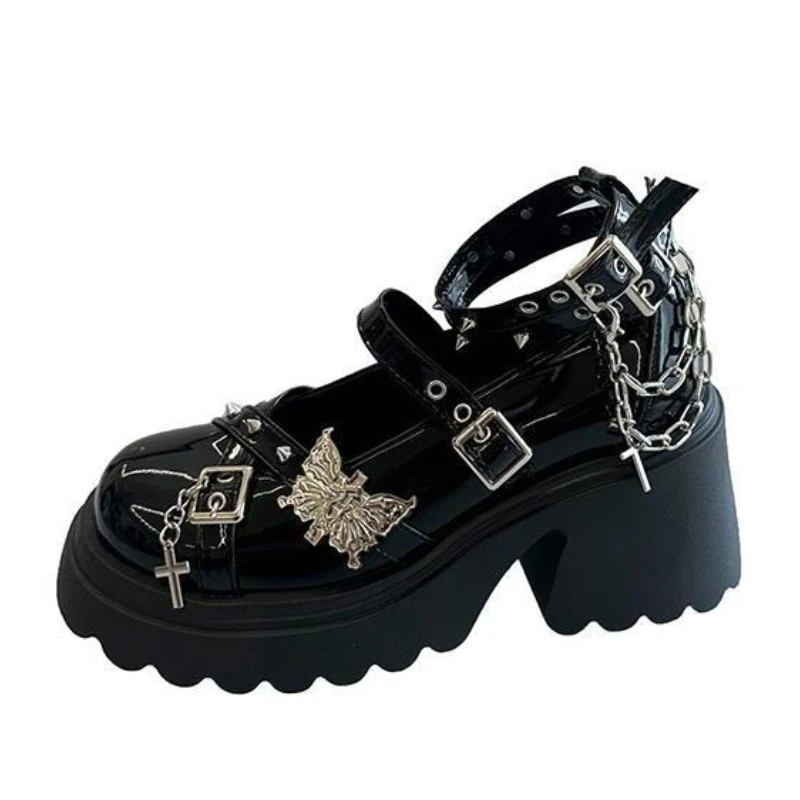 

Ретро-рок-туфли для обеих женщин, новые темные кожаные туфли в стиле панк с металлическими нишами на низкой платформе для женщин, женские кожаные туфли