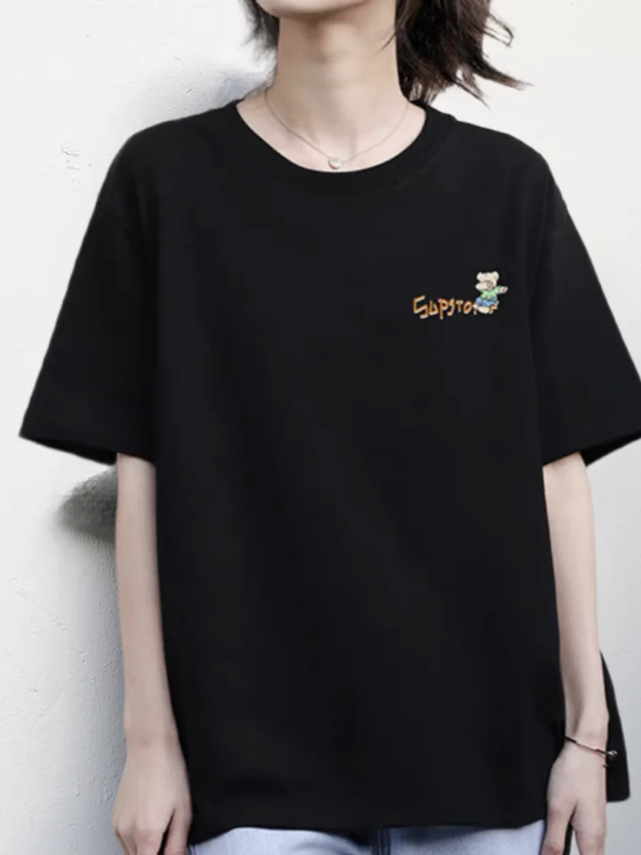 

2025 Summer explosions cotton short-sleeved T-shirt T-neck loose leisure new national tide thin bear printed women's clothing