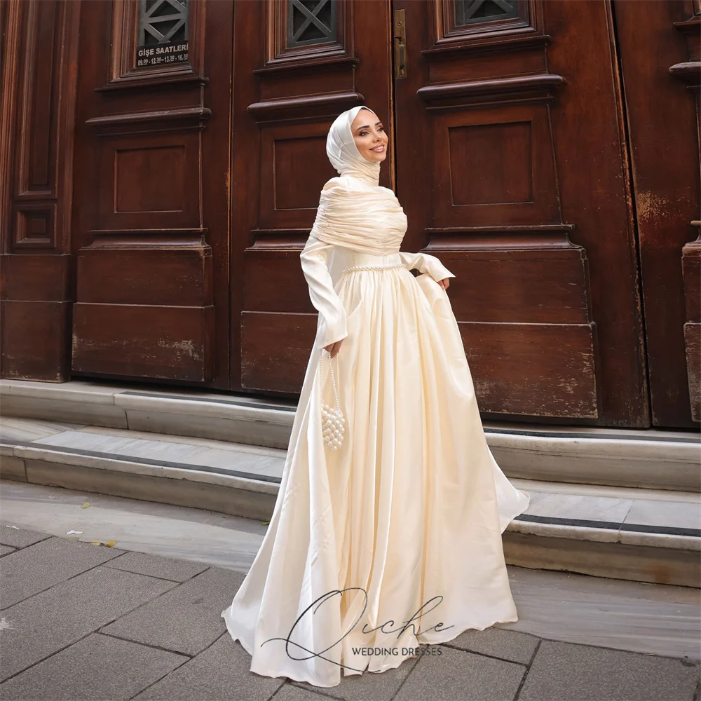 QICHE Bescheiden Moslim A-lijn Trouwjurken Vrouwen 2026 Plooi Lange Mouwen Satijn Parels Party Gown Vestidos De Novia Aangepaste