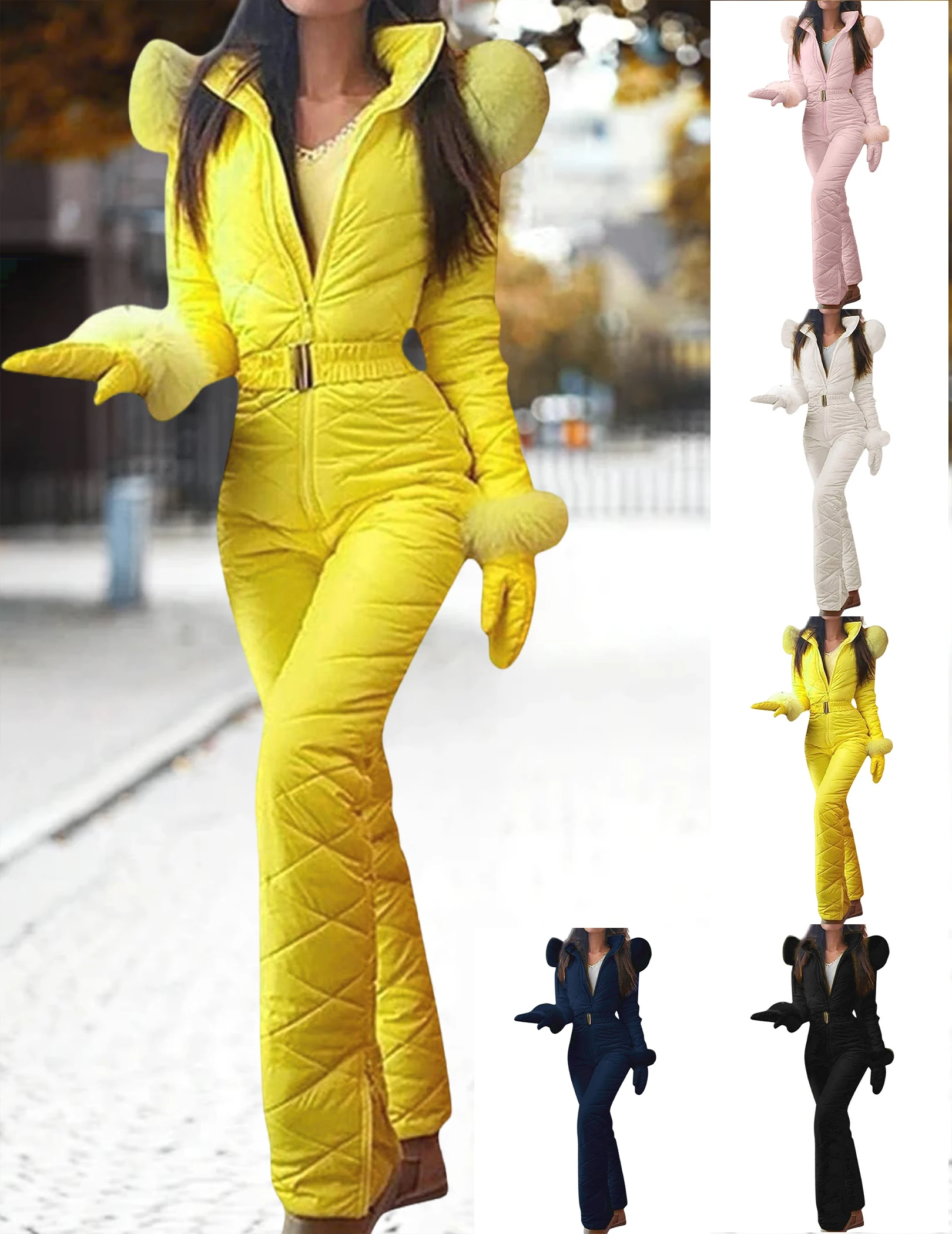 ชุดสกีสำหรับผู้หญิงปี 2025 ชุดกันหนาวสำหรับเล่นหิมะ ชุดสโนว์สูทสำหรับผู้หญิงพร้อมถุงมือ ฮู้ดกันลม ชุดสกีพร้อมซิปเอวยางยืด