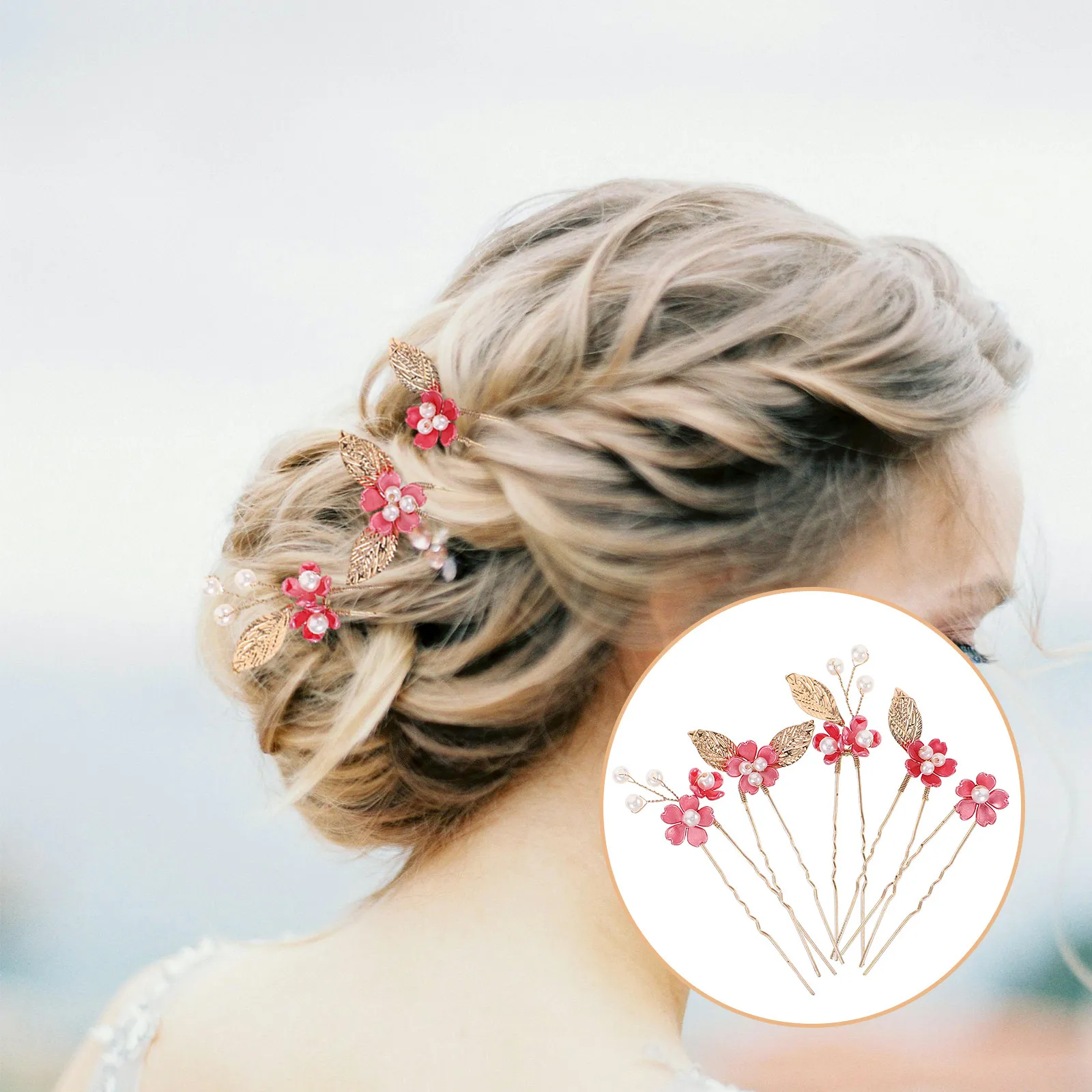 

5Pcs Handmade Rose Red Bridal Hair Pins Wedding Hair Accessories Elegant Five Petal Floral Hairpin Set for Brides Bridesmaids