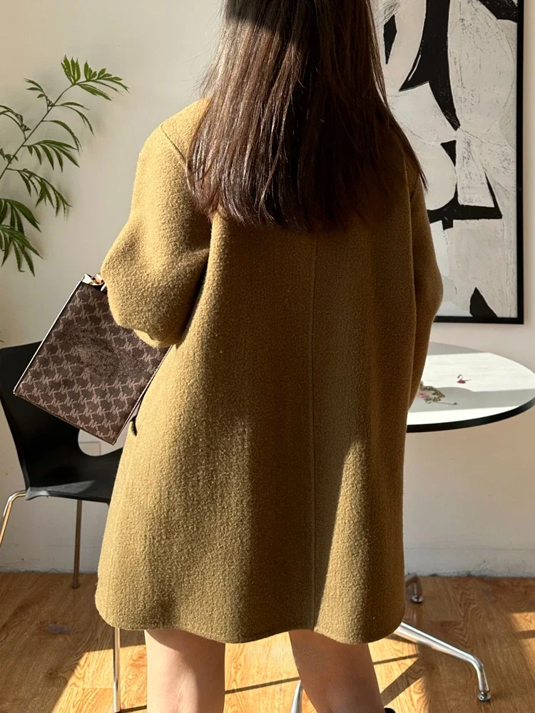 New Women Short Horn Button Lamb Wool Coat Simple Loose Warm Lapel Long Sleece Double-sided Woolen Coats Female Autumn Winter