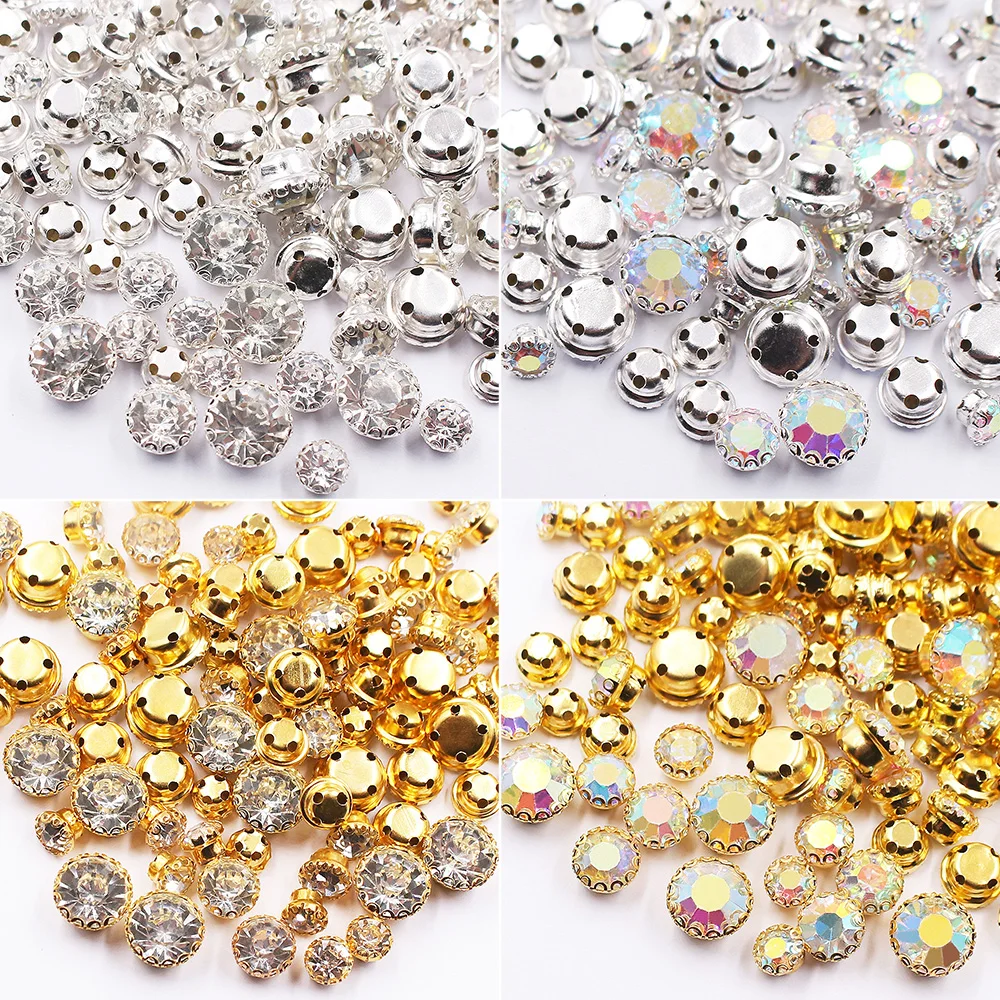 

100pcs Flower Lace Claw Crystals Mix Size Gold Base Shiny Stones Beads Sew On Rhinestones for Clothing Garment Crafts Button