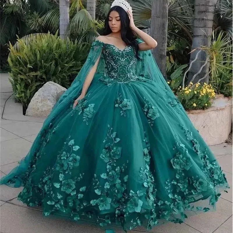 الصياد الأخضر فستان Quinceanera مع الرأس ، يزين الزهور 3D ، ثوب الكرة ، الأميرة ، حفلة عيد ميلاد ، 15 سنة الموضة