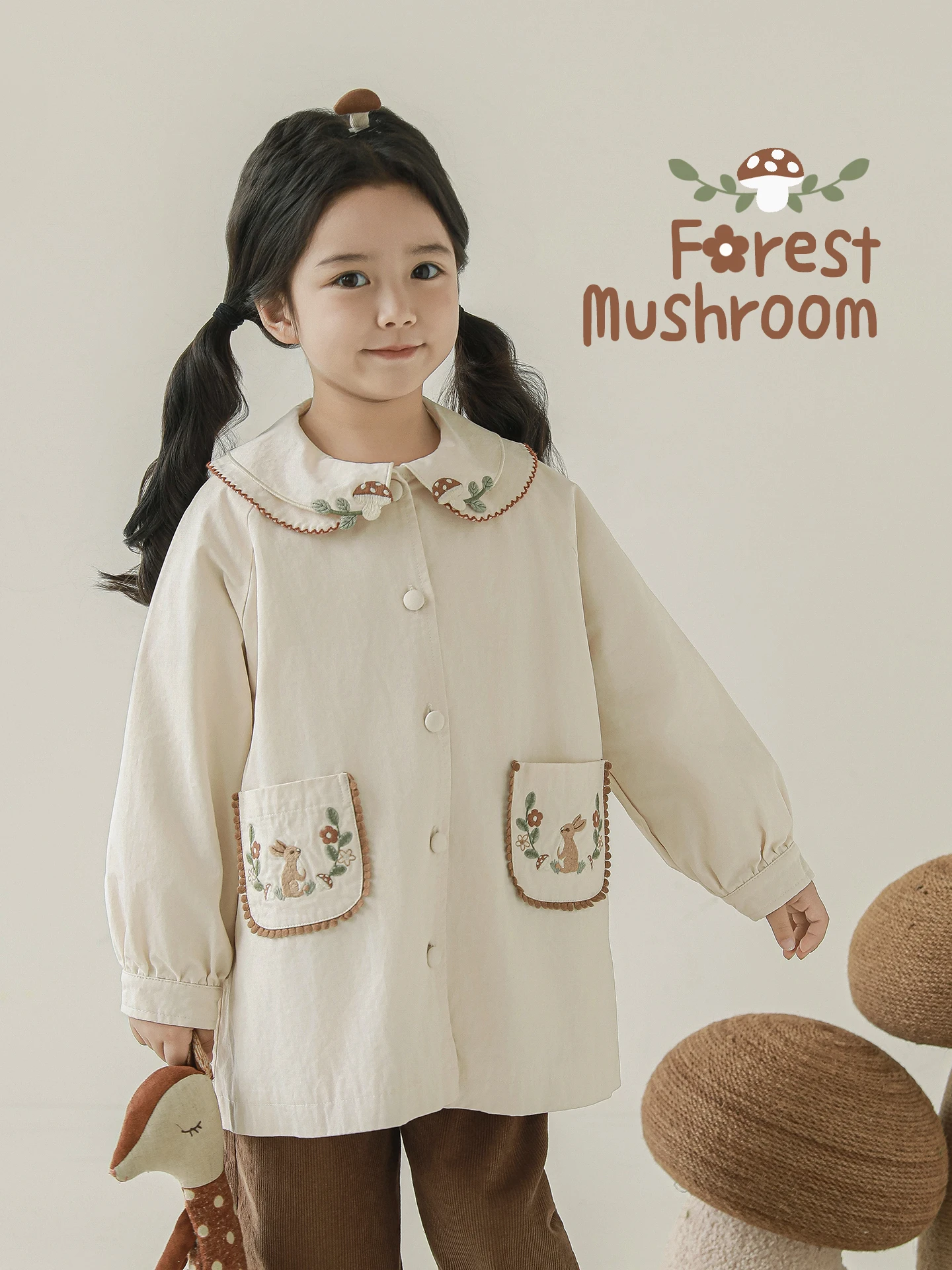 

Girls Forest Style Trench Coat Autumn Exquisite Mushroom Bunny Embroidery Playful Sweet Scallop Collar Jacket Ages 1-7 Years