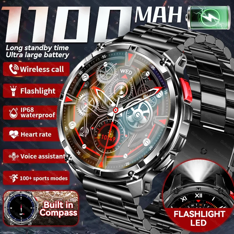 

New 1100mAh Battery Ultra Durable Smart Watch Compass Flashlight Wireless Calling IP68 Waterproof Men Sports Fitness Smartwatch