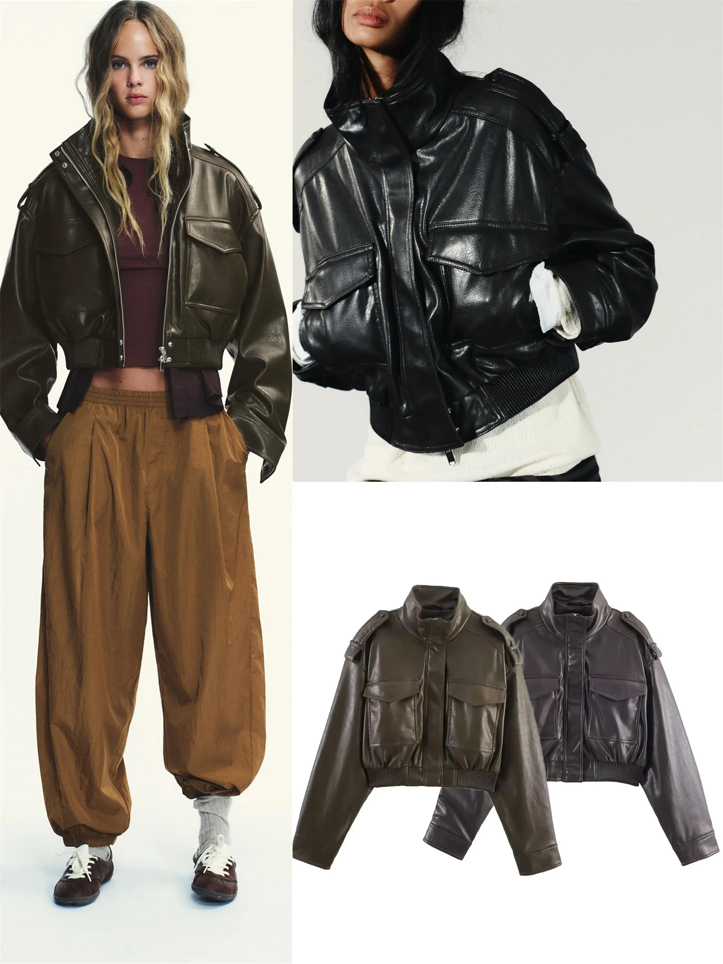 Faionable Pelle sintetica lucida ort Jaet Cappotto da donna di fascia alta con colletto alla coreana lungo Sve con cerniera per pendolari