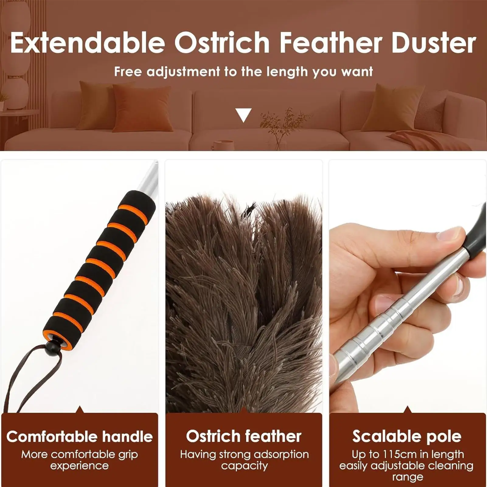 Duster Extendable 61 Inch Soft Dusting Mop Long Anti-Static Feathers Duster For Ceiling Window Vent Baseboard Pet Hair Removal