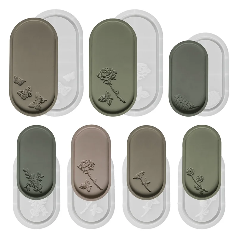

J1UL1N 7 Piece Oval Storage Tray Cement Silicone Mold Pallet Mold Milky White Resin Concrete Plaster Mould