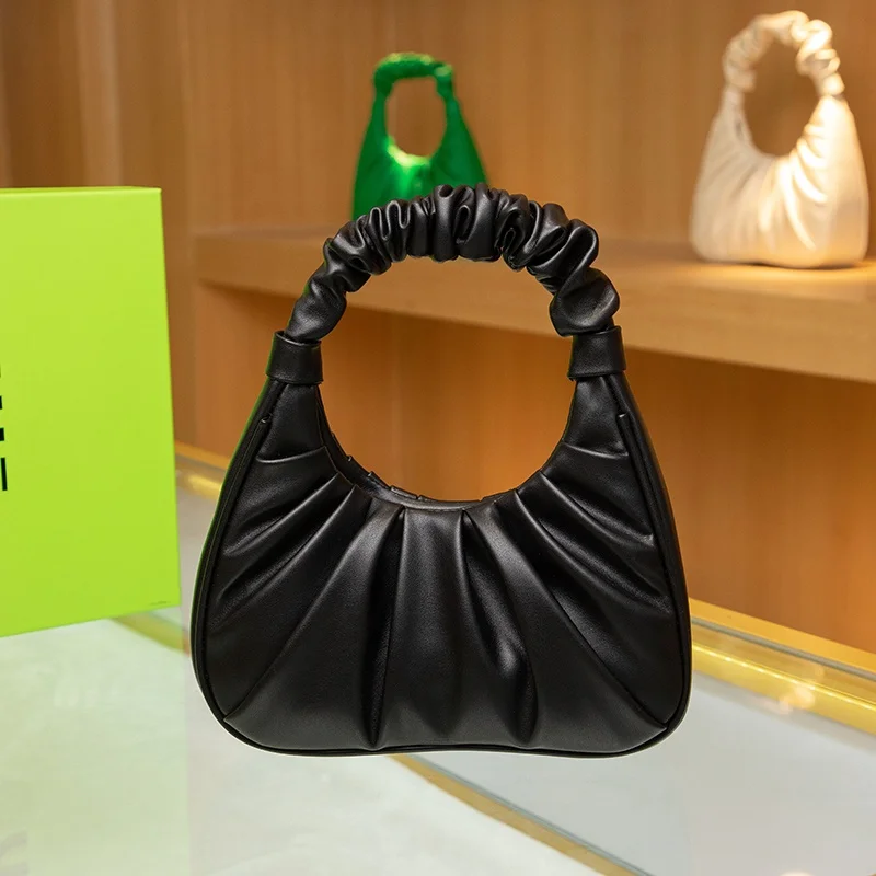 Modern Neutral Style White Crepe Leather Handbag Underarm Cloud Bag Women's Soft Handle Bag Foldable Lock Buckle Closure