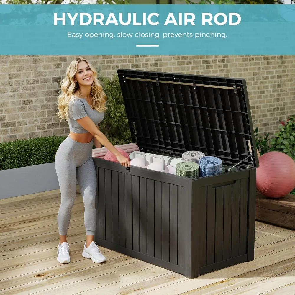 

150 gallon outdoor storage box, resin large sturdy deck box, waterproof double wall backyard storage box