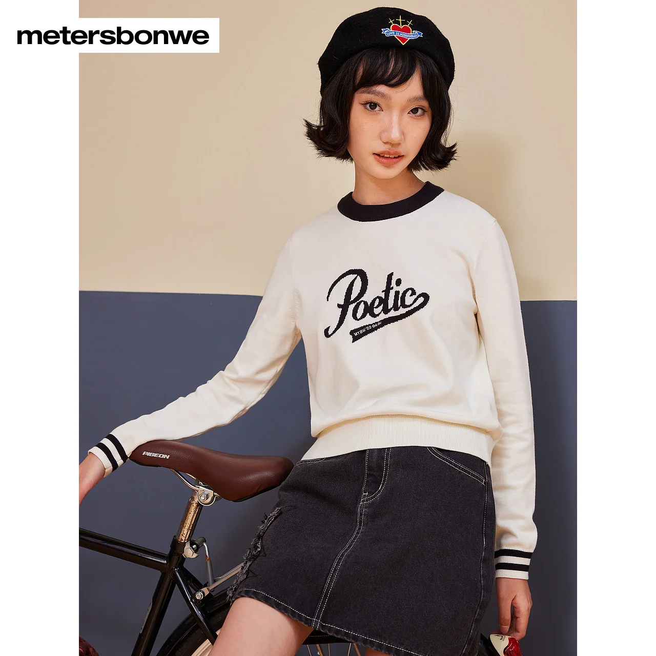 

Metersbonwe-Women's Long Sleeves Sweater Round Collar Regular Fit Letter Jacquard Campus Commuter Winter