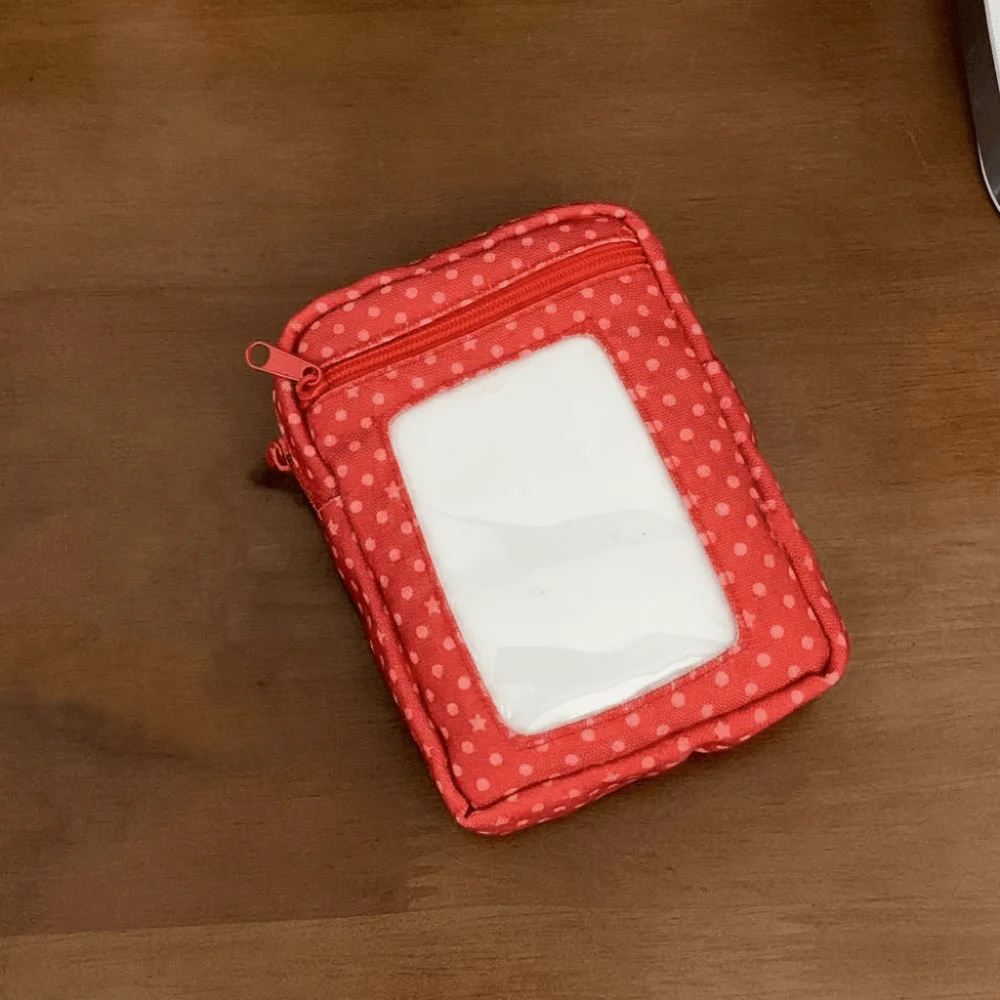 Red Polka Dot Coin Purse Zippered Canvas Fabric Clear Window Pouch Transparent PVC Retro Style Photo Display Bag Teens