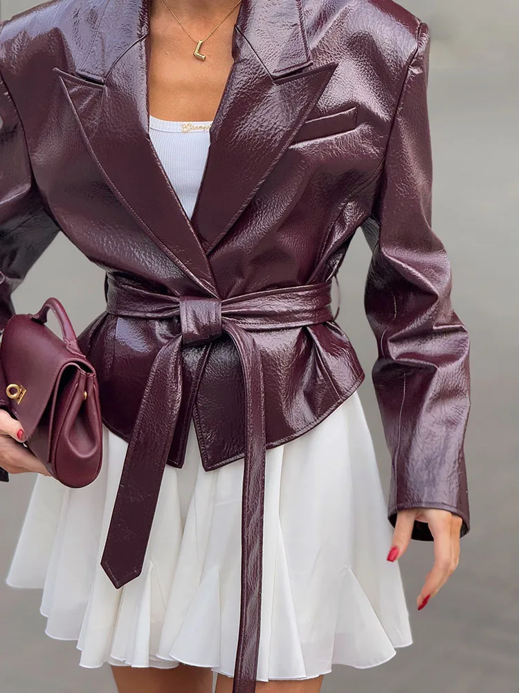 High-end Glossy Leather Jacket For Women 2025 Autumn Cardigan Lace-up Leather Clothing Elegant Long Sleeved Commuting Short Coat