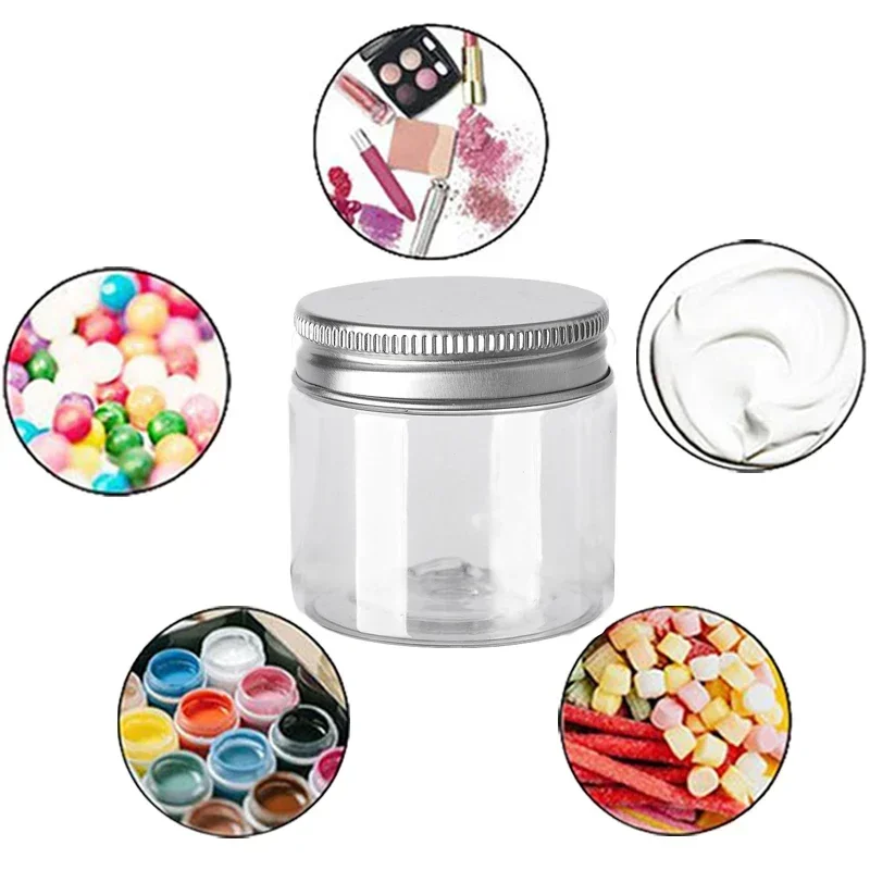 50Pcs 30/50/60/80/100/120/150ML Aluminum Lid Storage Jars With Sticker Food Plastic Packaging Jar Cosmetic Face Cream Sample Pot