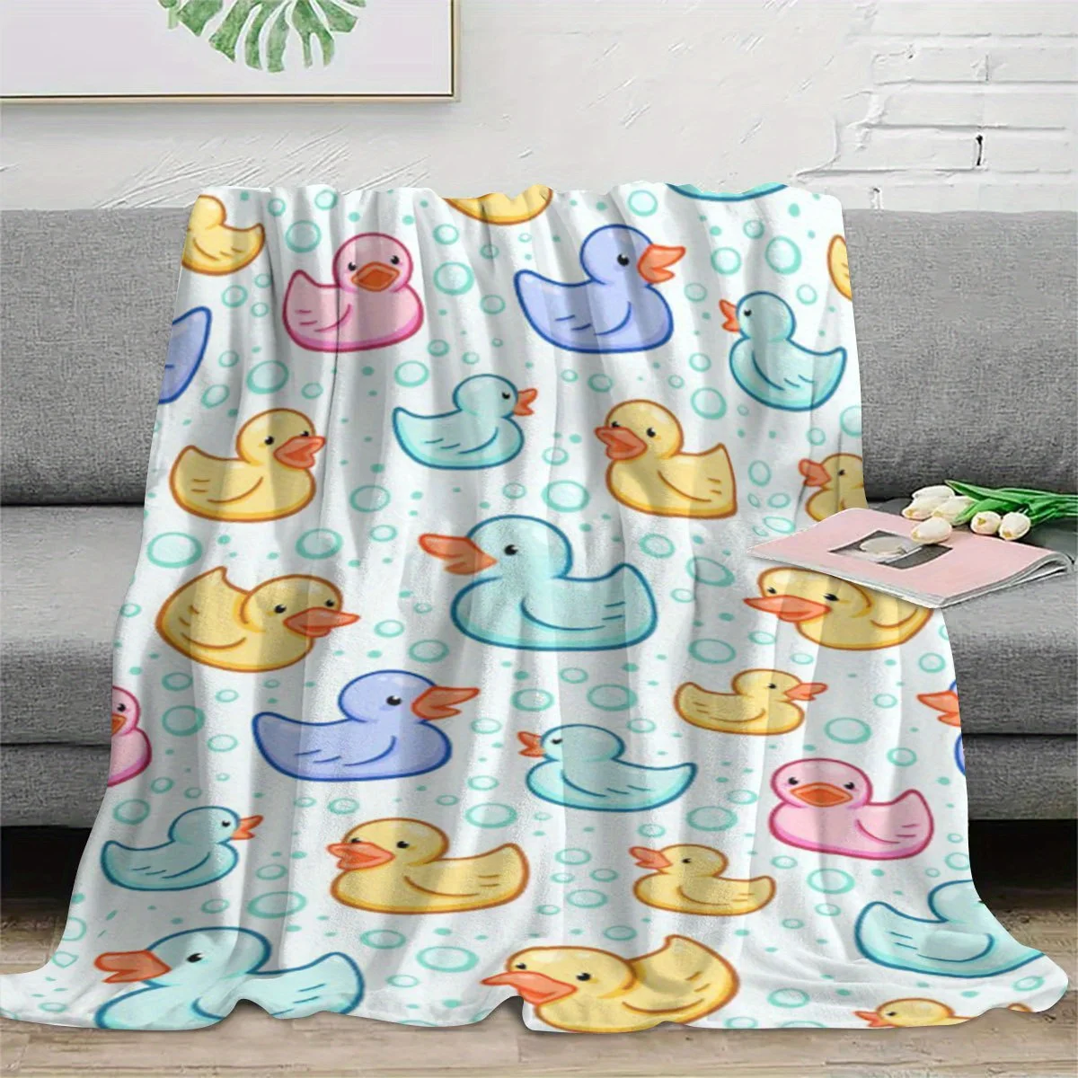Kids Rubber Duck Throw Blanket Lovely Ducky Bubble Background Art Print Soft Flannel for Kids Room Sofa Lap Cozy Baby Decor Gift